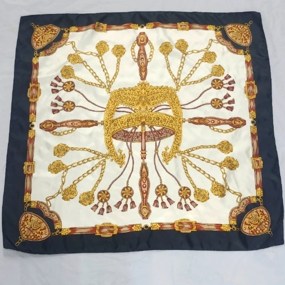 Elegant Gold Black Trim Satin Scarf Fancy Equestrian Head Dress Square 34